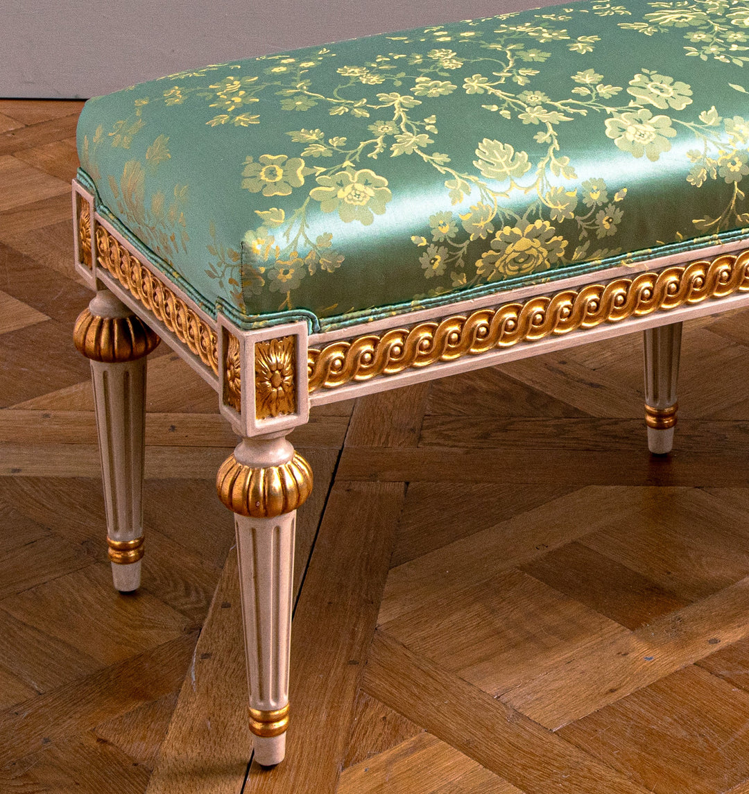 Louis XVI Style Polychrome, Parcel gilt bench - La Maison London