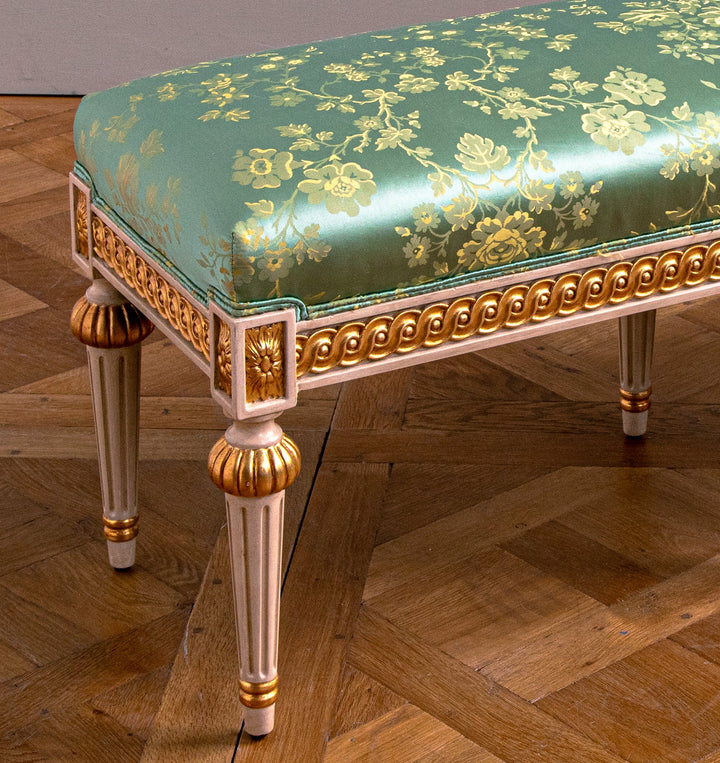 Louis XVI Style Polychrome, Parcel gilt bench - La Maison London