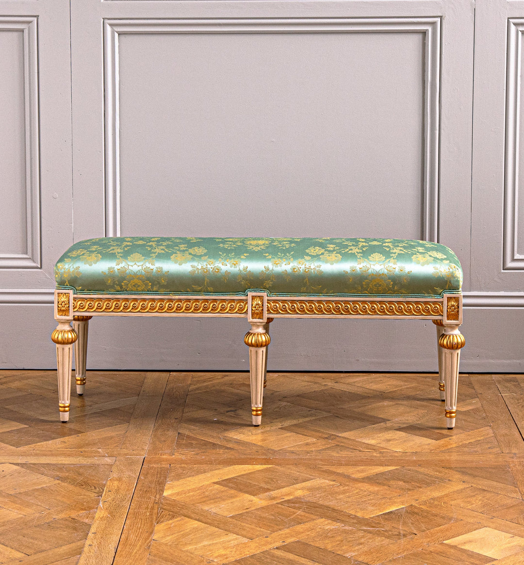 Louis XVI Style Polychrome, Parcel gilt bench - La Maison London