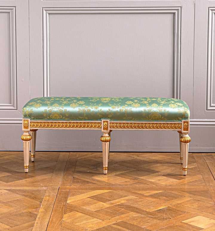 Louis XVI Style Polychrome, Parcel gilt bench - La Maison London