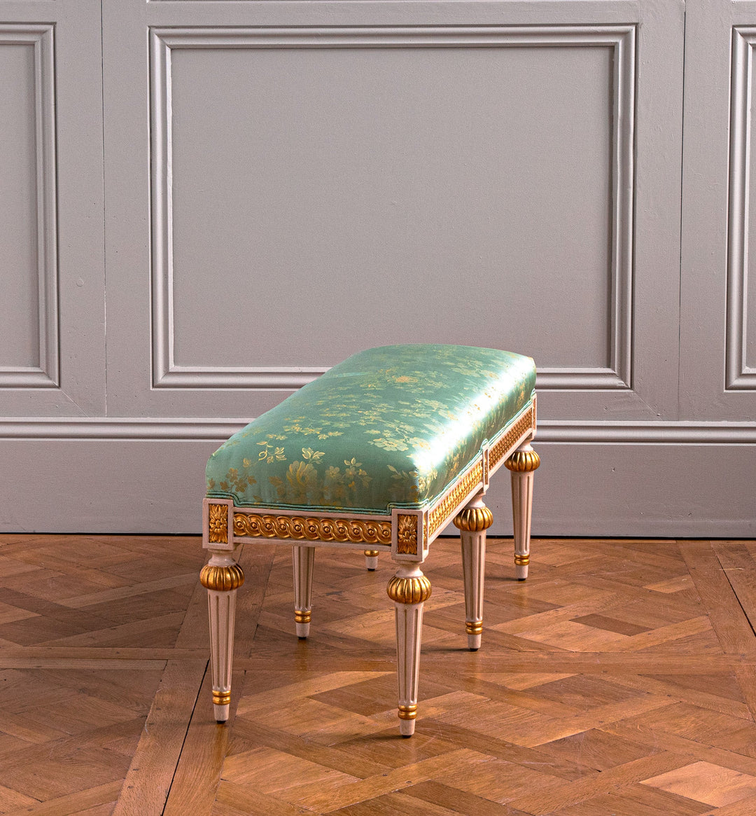 Louis XVI Style Polychrome, Parcel gilt bench - La Maison London