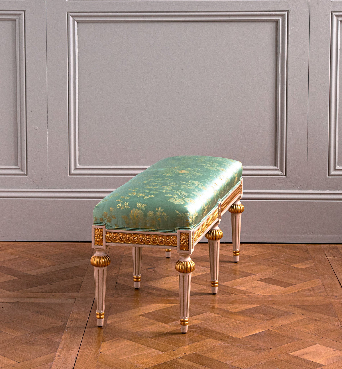 Louis XVI Style Polychrome, Parcel gilt bench - La Maison London