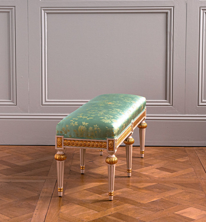 Louis XVI Style Polychrome, Parcel gilt bench - La Maison London