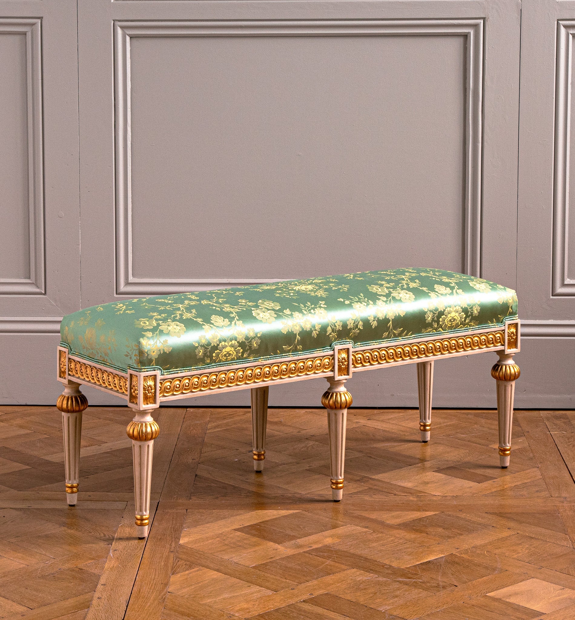 Louis XVI Style Polychrome, Parcel gilt bench – La Maison London