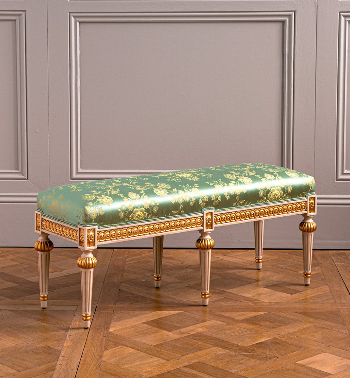 Louis XVI Style Polychrome, Parcel gilt bench - La Maison London