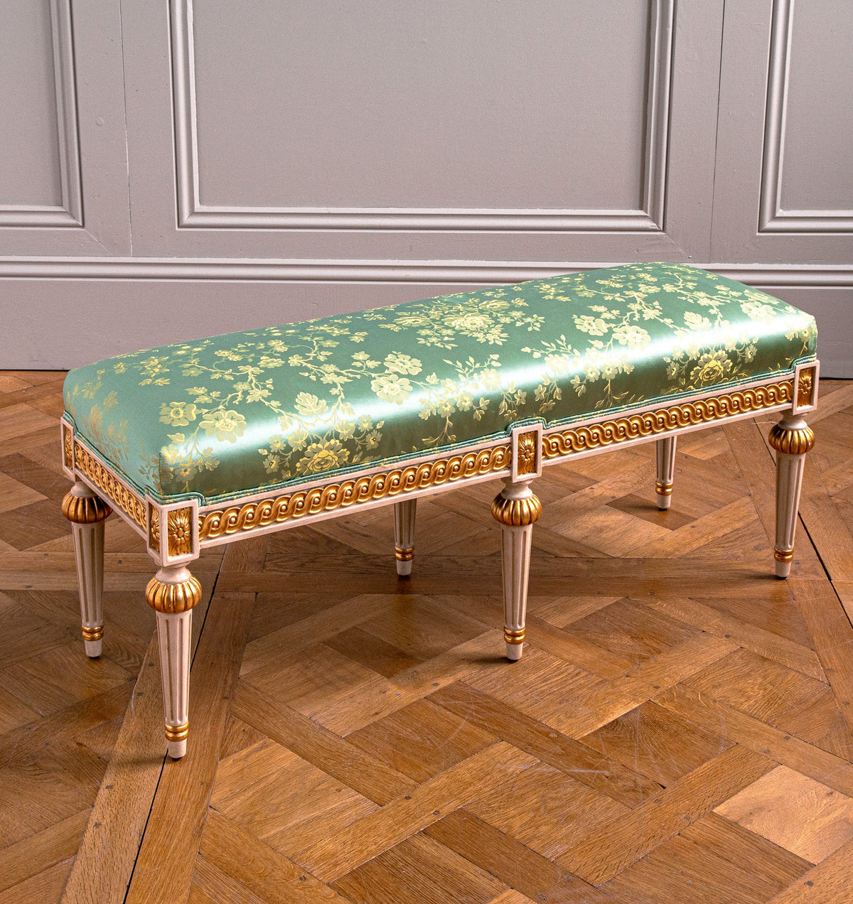 Louis XVI Style Polychrome, Parcel gilt bench - La Maison London