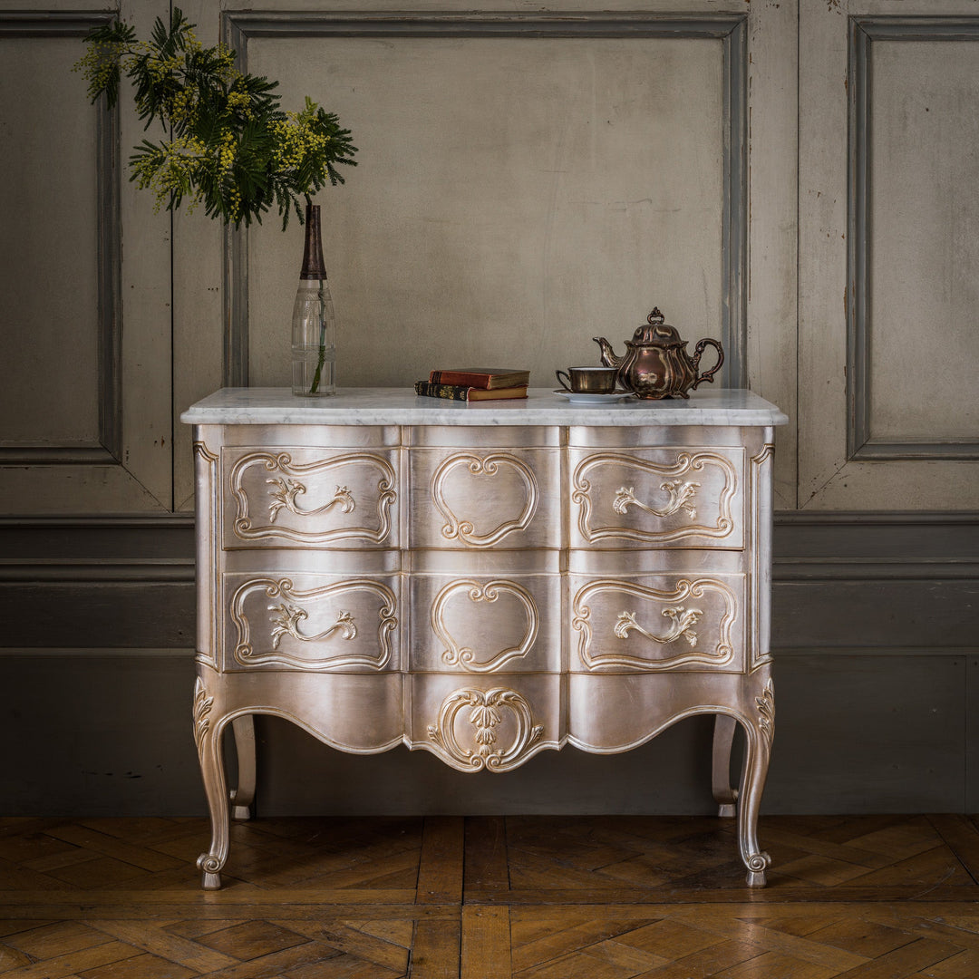 LXV Style Chest of Drawers in Hand Gilded Silver Finish - La Maison London