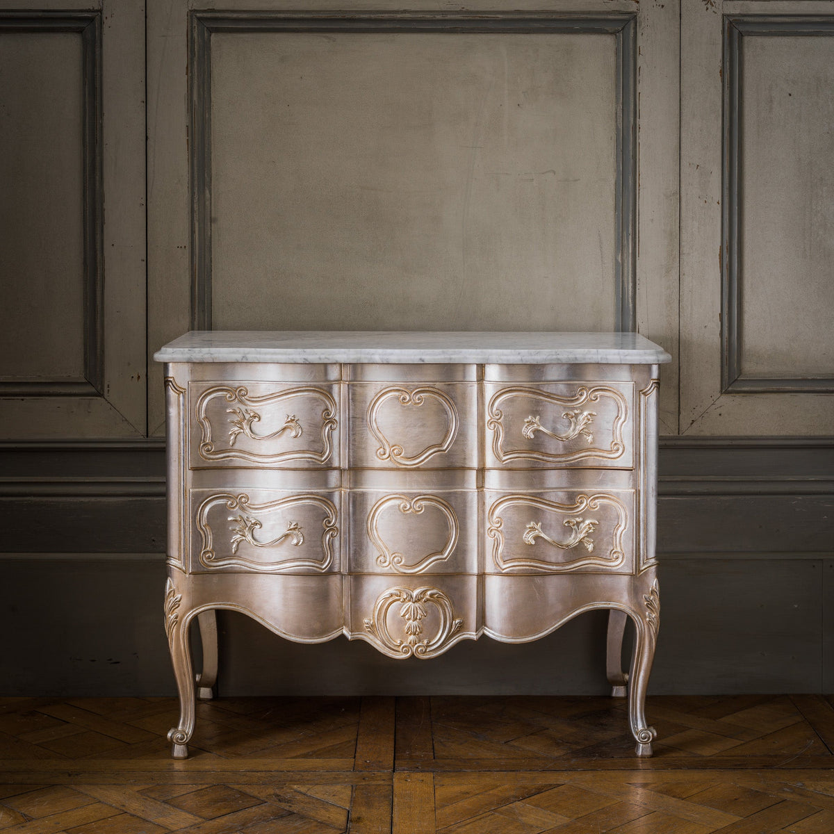LXV Style Chest of Drawers in Hand Gilded Silver Finish - La Maison London