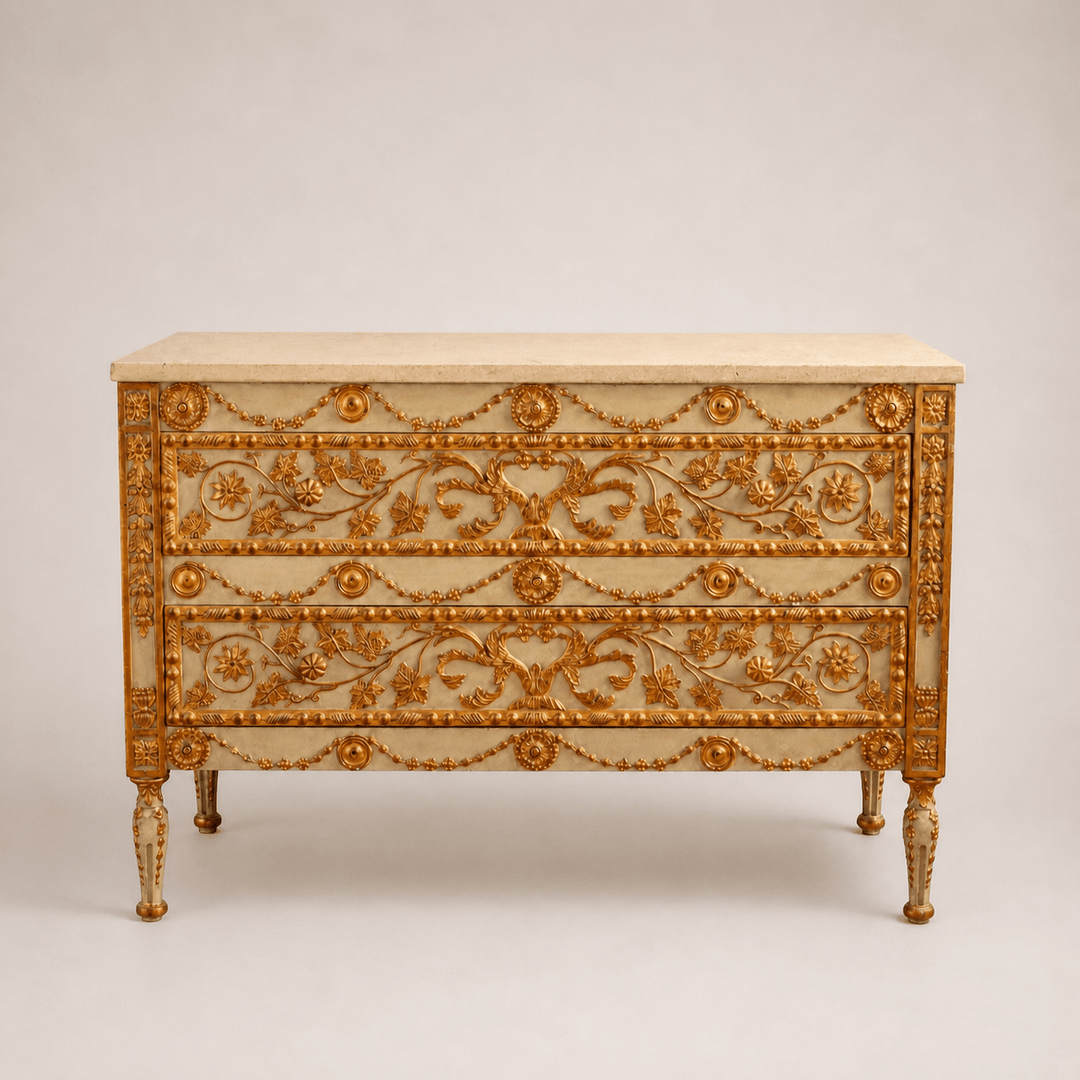 Neoclassical Style Chest Of Drawers With 23.75ct Gold Leaf Gilded Highlights - La Maison London