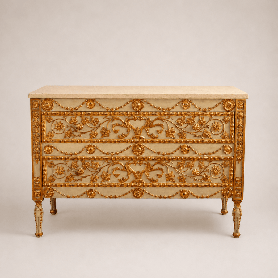 Neoclassical Style Chest Of Drawers With 23.75ct Gold Leaf Gilded Highlights - La Maison London