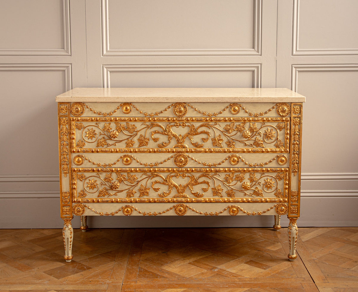 Neoclassical Style Chest Of Drawers With 23.75ct Gold Leaf Gilded Highlights - La Maison London