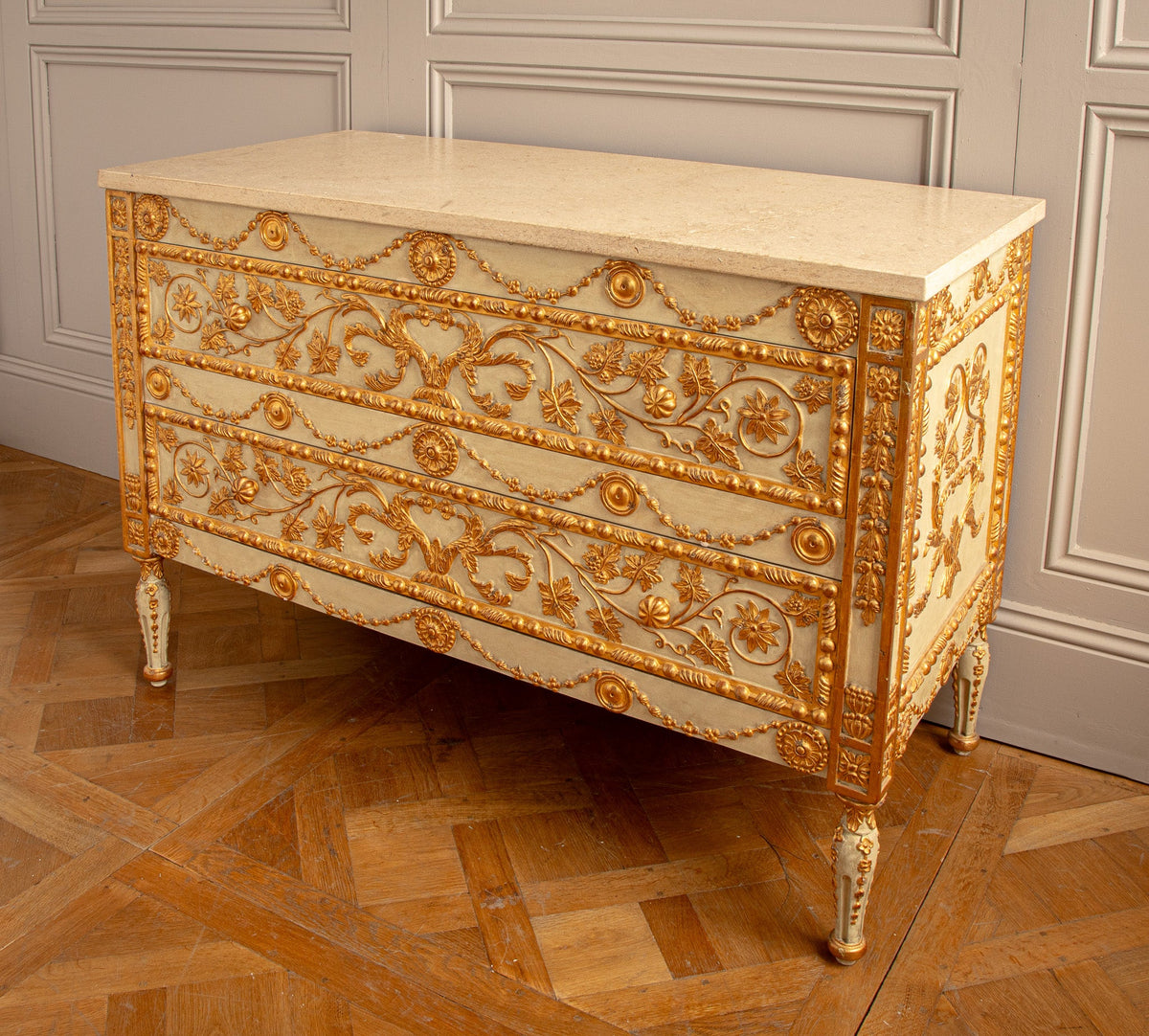 Neoclassical Style Chest Of Drawers With 23.75ct Gold Leaf Gilded Highlights - La Maison London