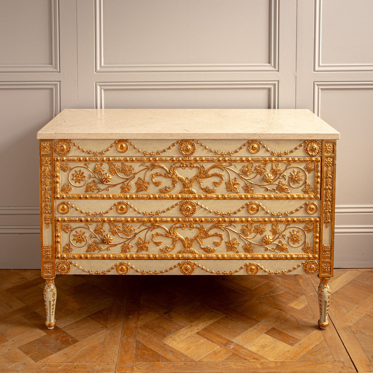 Neoclassical Style Chest Of Drawers With 23.75ct Gold Leaf Gilded Highlights - La Maison London