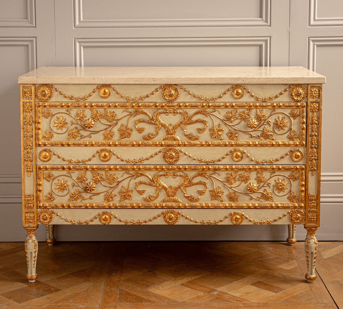 Neoclassical Style Chest Of Drawers With 23.75ct Gold Leaf Gilded Highlights - La Maison London