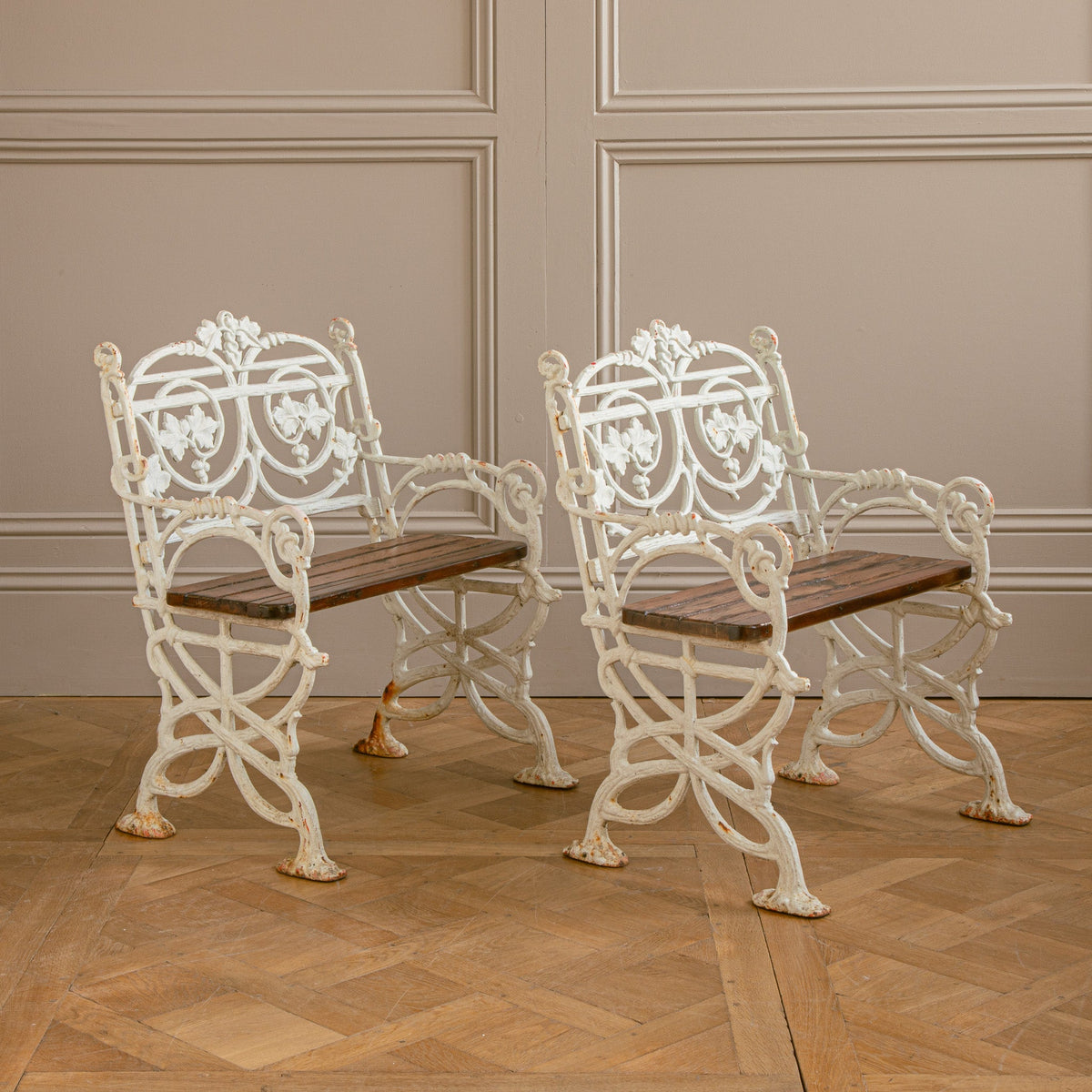 Pair Of Early 1900's Art Nouveau Cast Iron Garden Chairs With Vine Motif - La Maison London