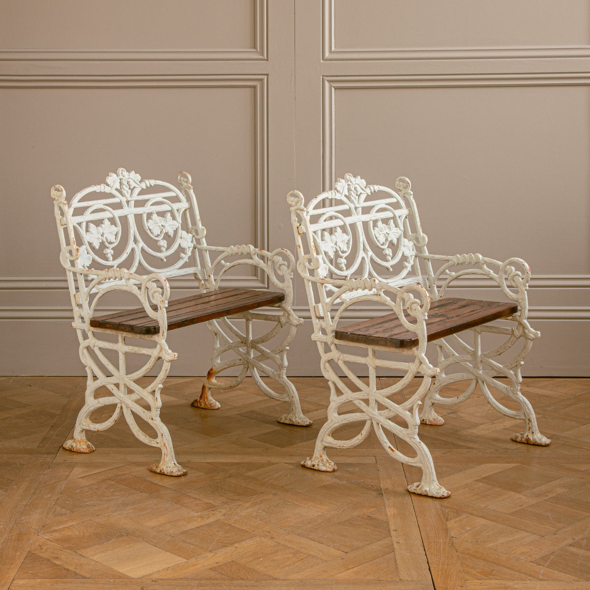 Pair Of Early 1900's Art Nouveau Cast Iron Garden Chairs With Vine Motif - La Maison London