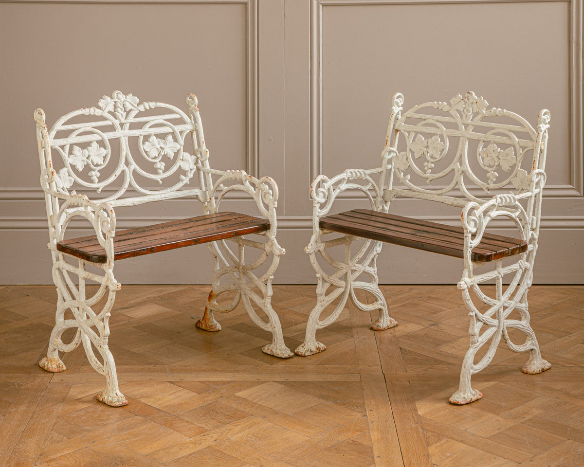 Pair Of Early 1900's Art Nouveau Cast Iron Garden Chairs With Vine Motif - La Maison London
