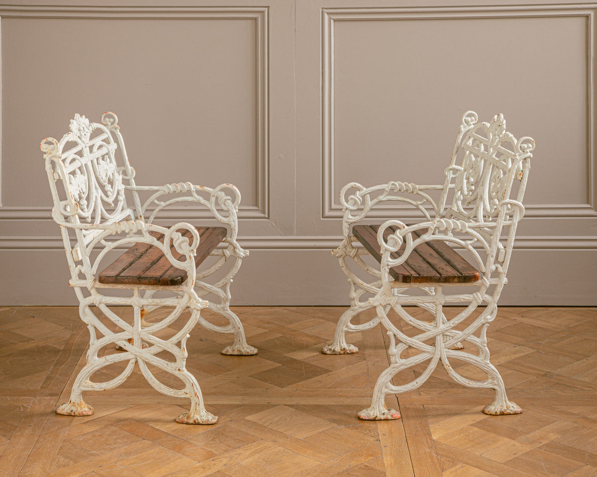 Pair Of Early 1900's Art Nouveau Cast Iron Garden Chairs With Vine Motif - La Maison London