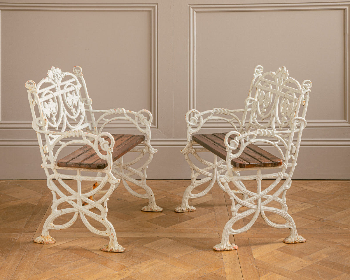 Pair Of Early 1900's Art Nouveau Cast Iron Garden Chairs With Vine Motif - La Maison London