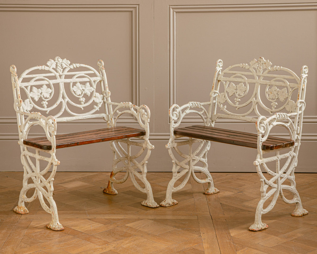 Pair Of Early 1900's Art Nouveau Cast Iron Garden Chairs With Vine Motif - La Maison London