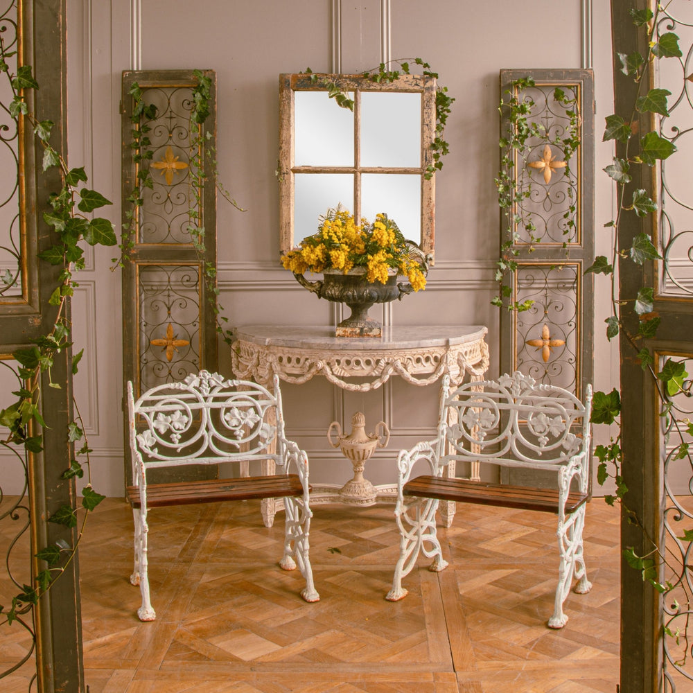 Pair Of Early 1900's Art Nouveau Cast Iron Garden Chairs With Vine Motif