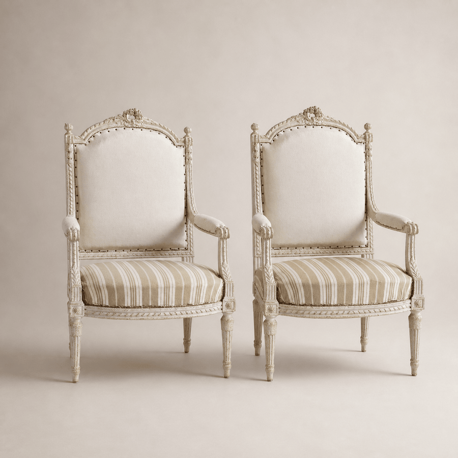 Pair of Louis XVI Style Painted Bergère Armchairs - La Maison London