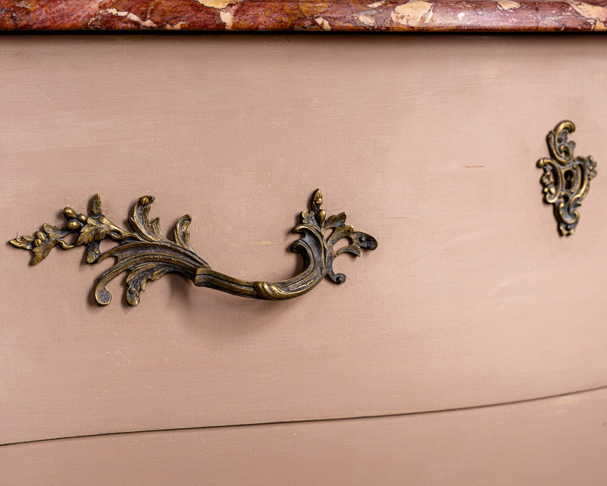 Pink Turn of the Century Louis XV Style Bombe Chest of Drawers with Marble Top - La Maison London