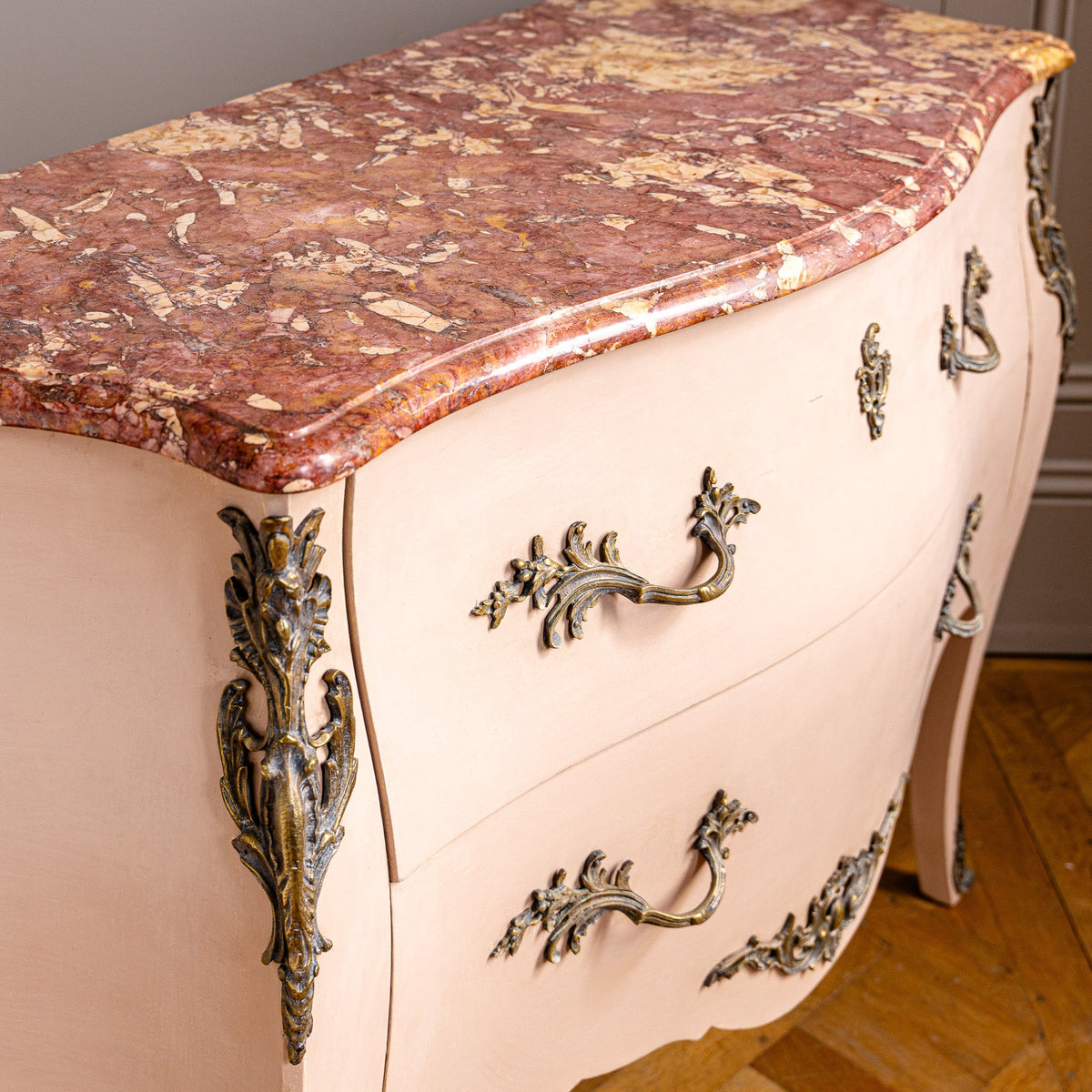 Pink Turn of the Century Louis XV Style Bombe Chest of Drawers with Marble Top - La Maison London