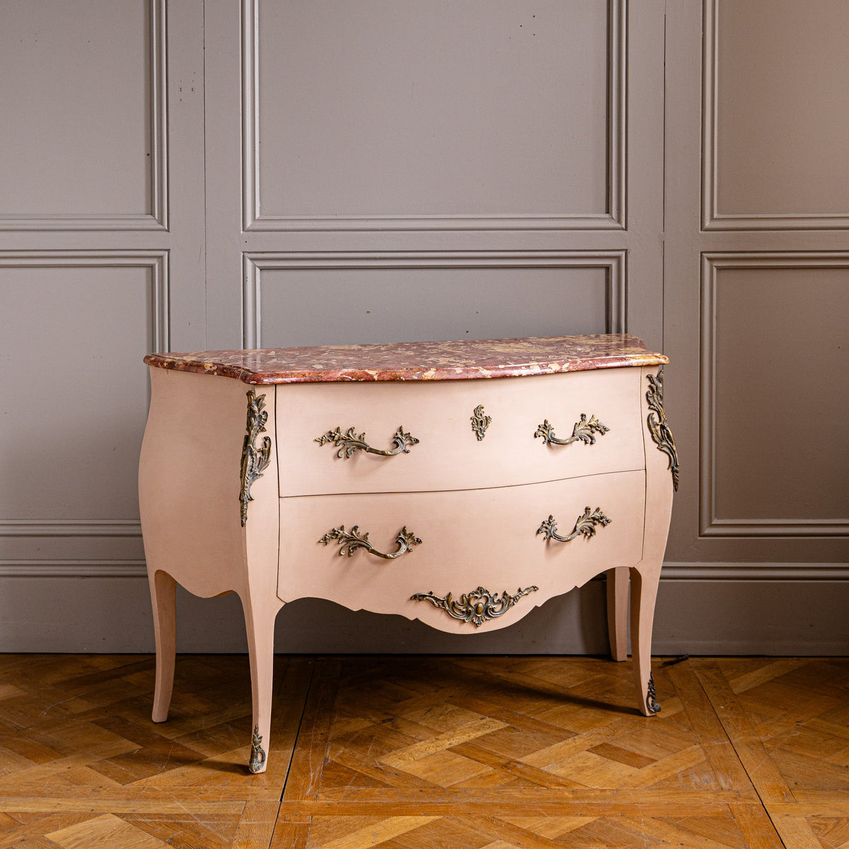 Pink Turn of the Century Louis XV Style Bombe Chest of Drawers with Marble Top - La Maison London