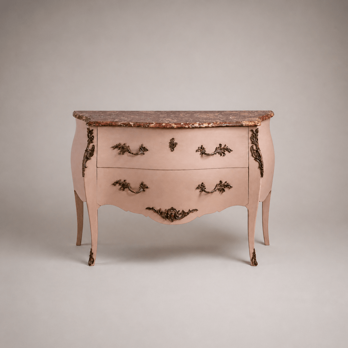 Pink Turn of the Century Louis XV Style Bombe Chest of Drawers with Marble Top - La Maison London