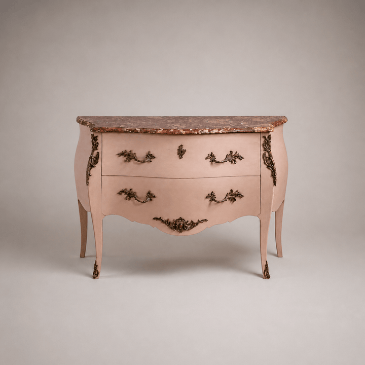 Pink Turn of the Century Louis XV Style Bombe Chest of Drawers with Marble Top - La Maison London