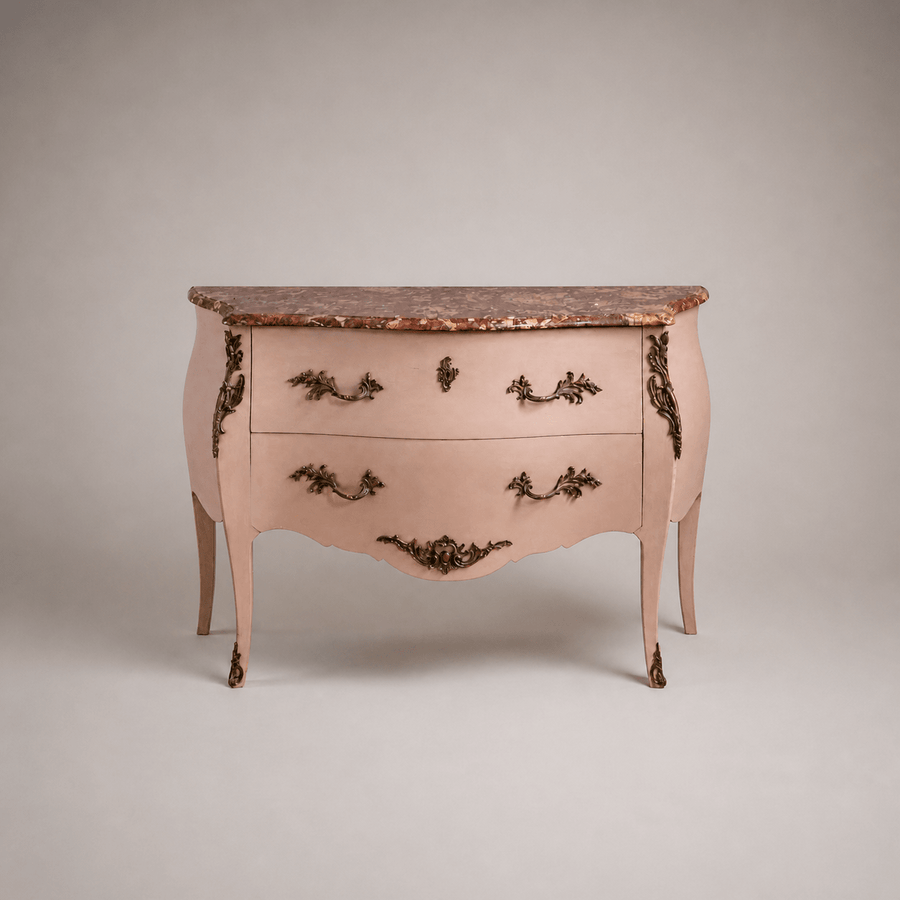 Pink Turn of the Century Louis XV Style Bombe Chest of Drawers with Marble Top - La Maison London