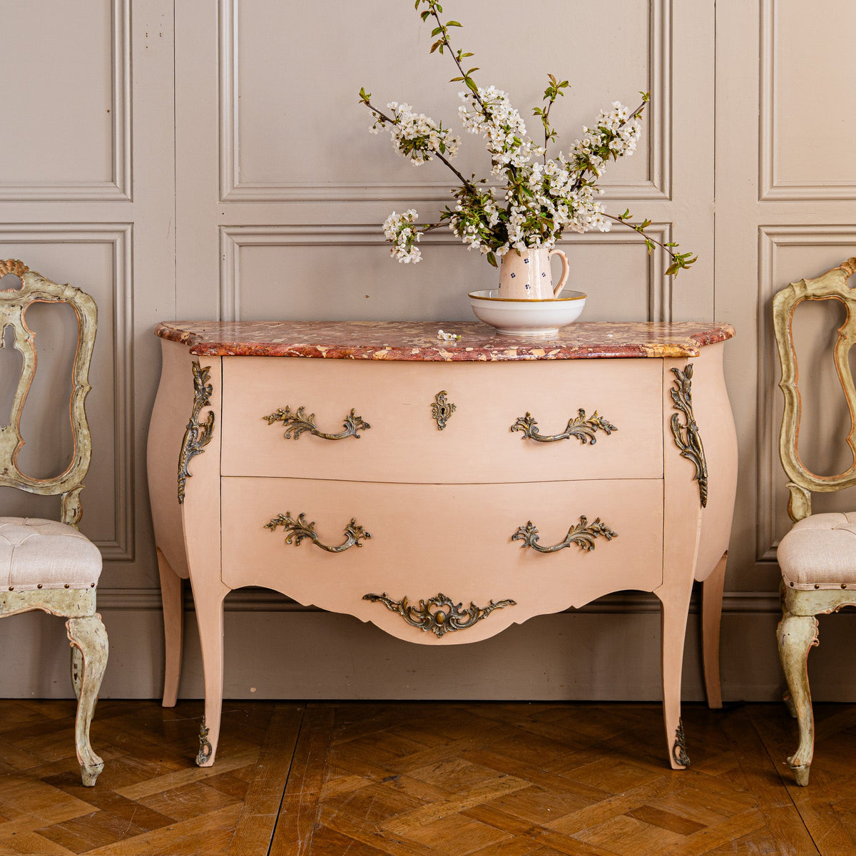 Pink Turn of the Century Louis XV Style Bombe Chest of Drawers with Marble Top - La Maison London