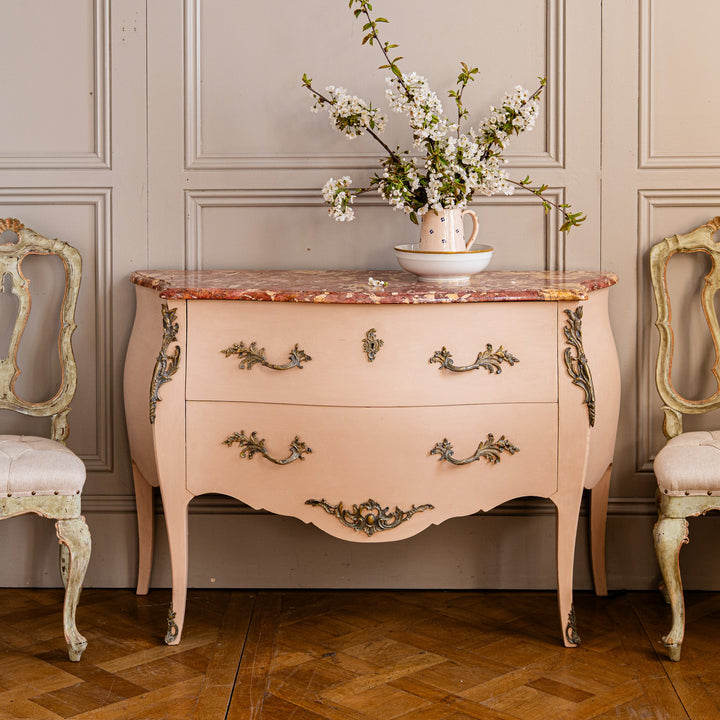 Pink Turn of the Century Louis XV Style Bombe Chest of Drawers with Marble Top - La Maison London