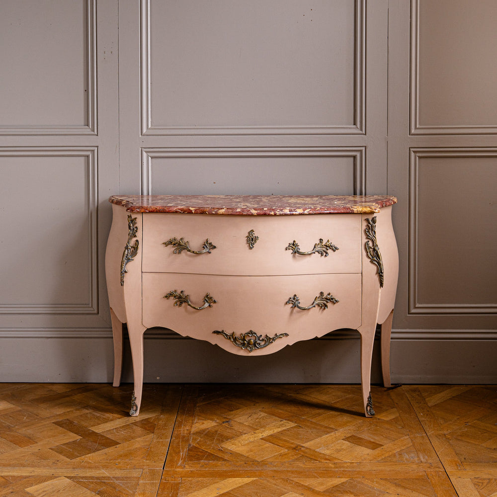 Pink Turn of the Century Louis XV Style Bombe Chest of Drawers with Marble Top - La Maison London