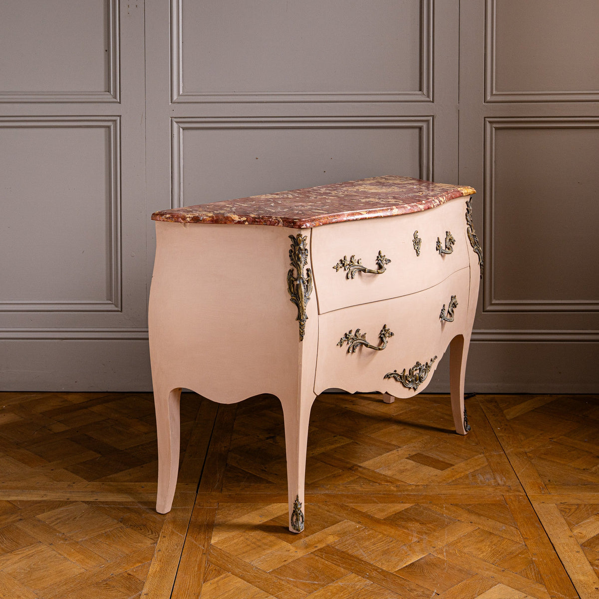 Pink Turn of the Century Louis XV Style Bombe Chest of Drawers with Marble Top - La Maison London