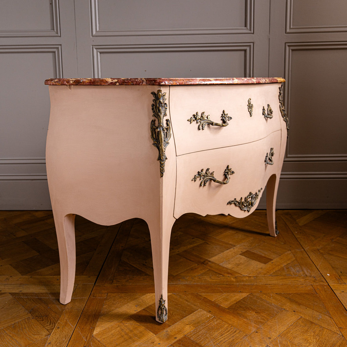 Pink Turn of the Century Louis XV Style Bombe Chest of Drawers with Marble Top - La Maison London