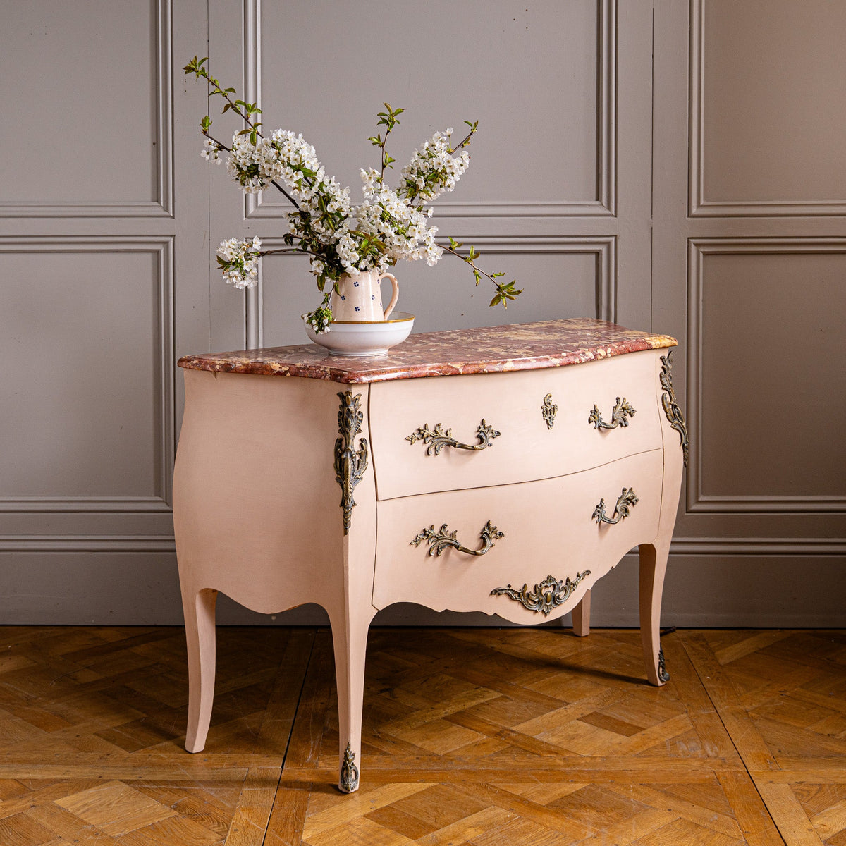 Pink Turn of the Century Louis XV Style Bombe Chest of Drawers with Marble Top - La Maison London