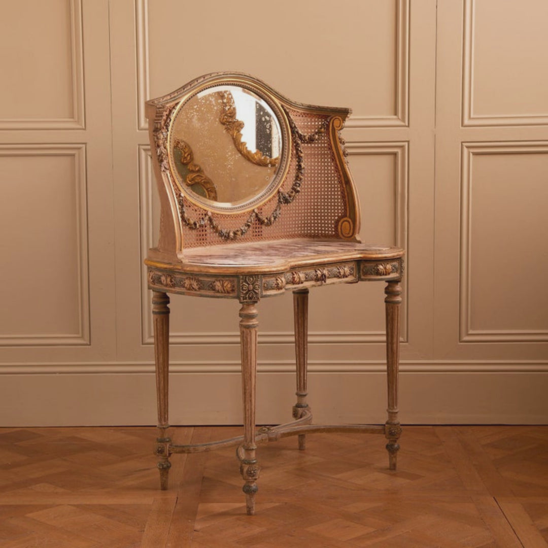 Coiffeuse/meuble-lavabo antique de style Louis XVI avec cannage/rotin
