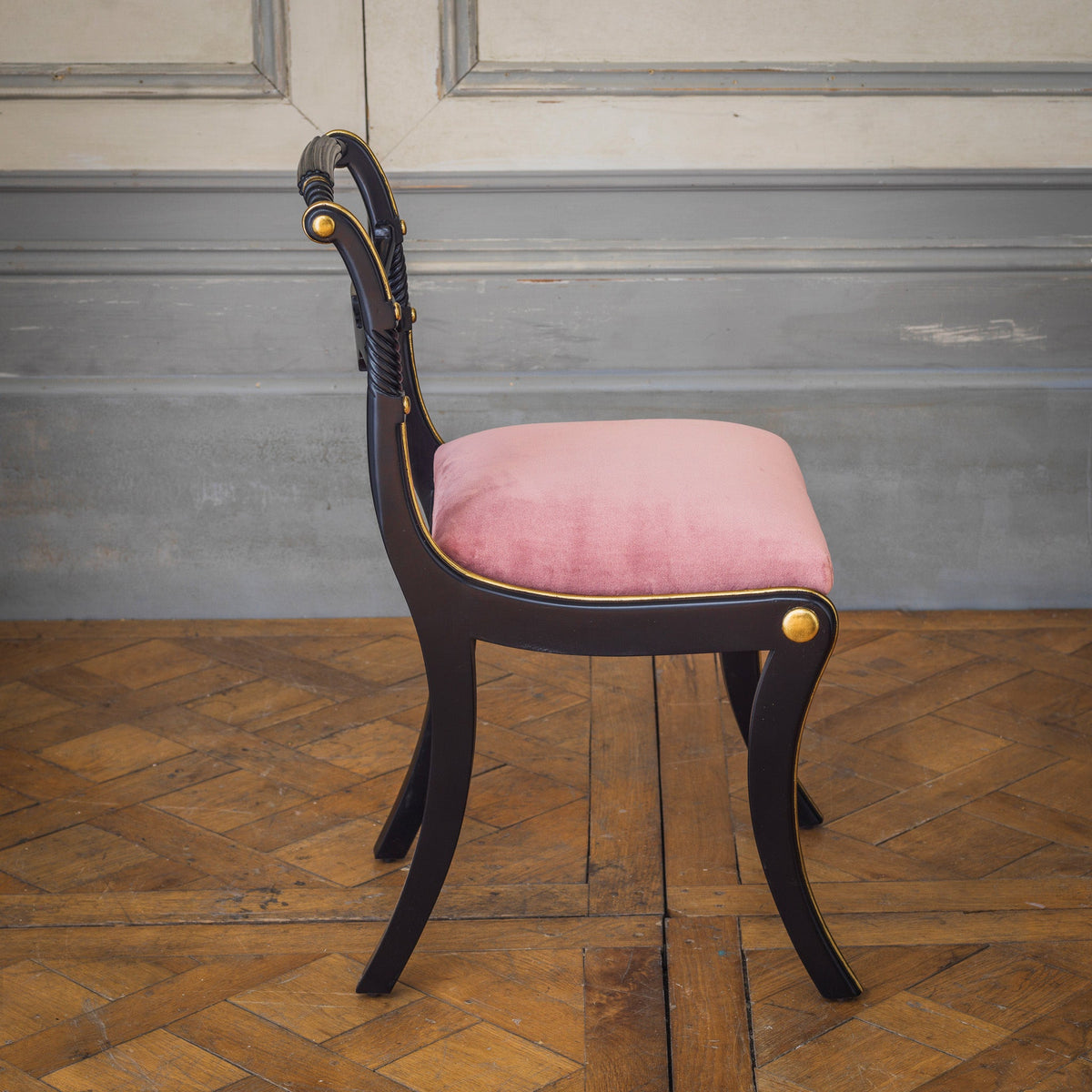 Regency Style Chair With Black Lacquer & Gilt work Patina - La Maison London