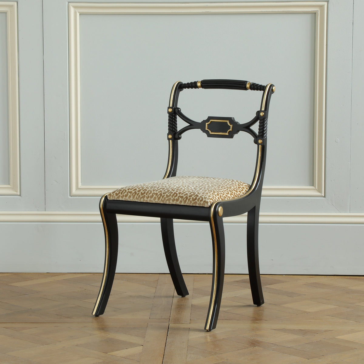 Regency Style Chair With Black Lacquer & Gilt work Patina - La Maison London