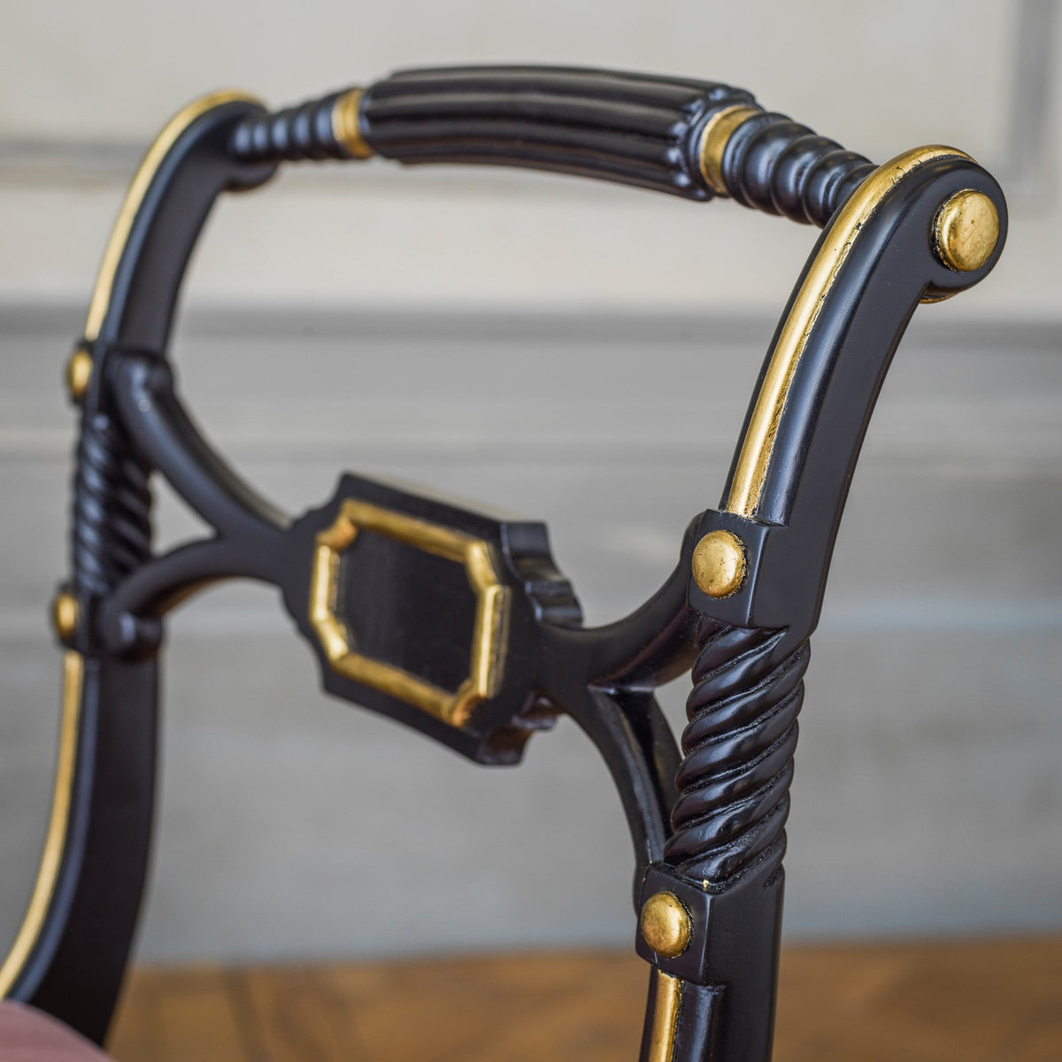 Regency Style Chair With Black Lacquer & Gilt work Patina - La Maison London