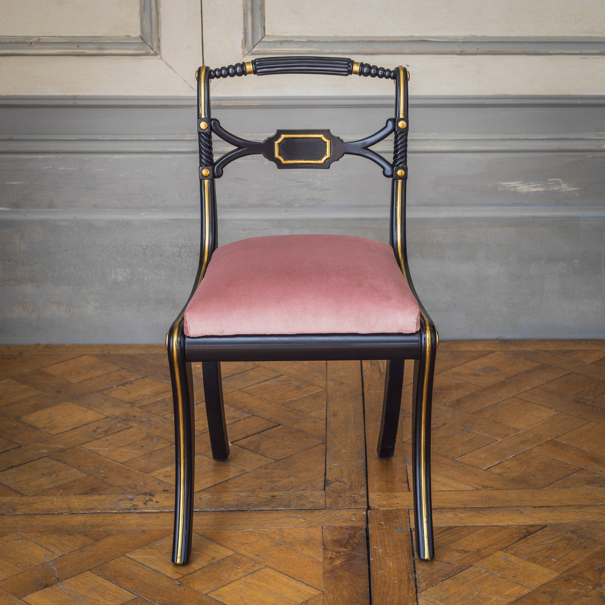 Regency Style Chair With Black Lacquer & Gilt work Patina - La Maison London