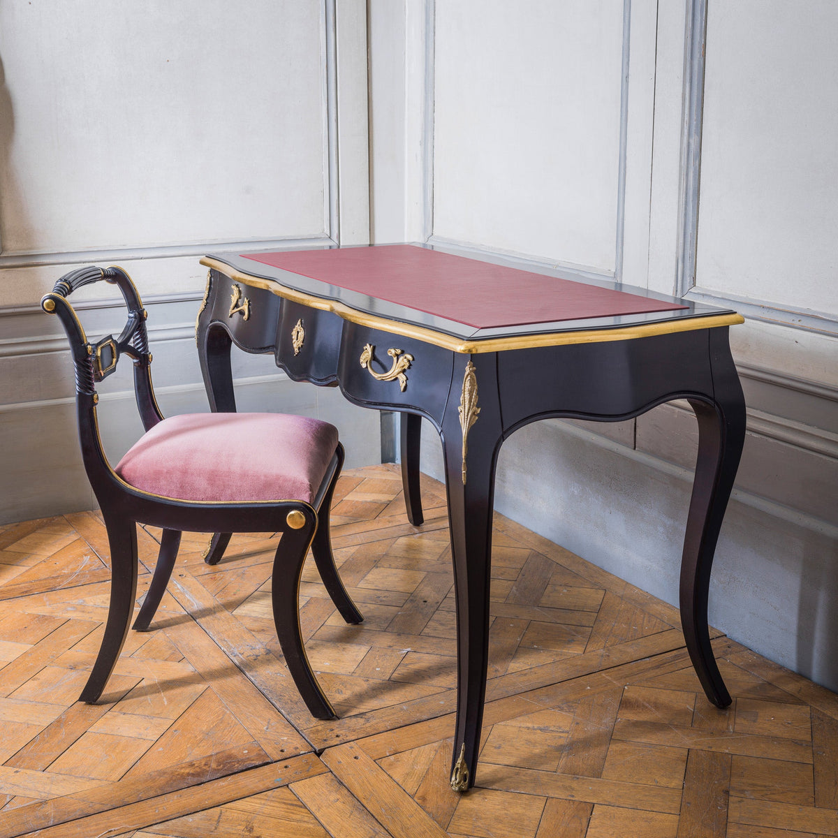 Regency Style Chair With Black Lacquer & Gilt work Patina - La Maison London