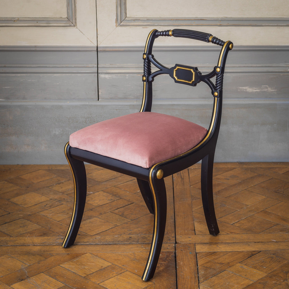 Regency Style Chair With Black Lacquer & Gilt work Patina - La Maison London
