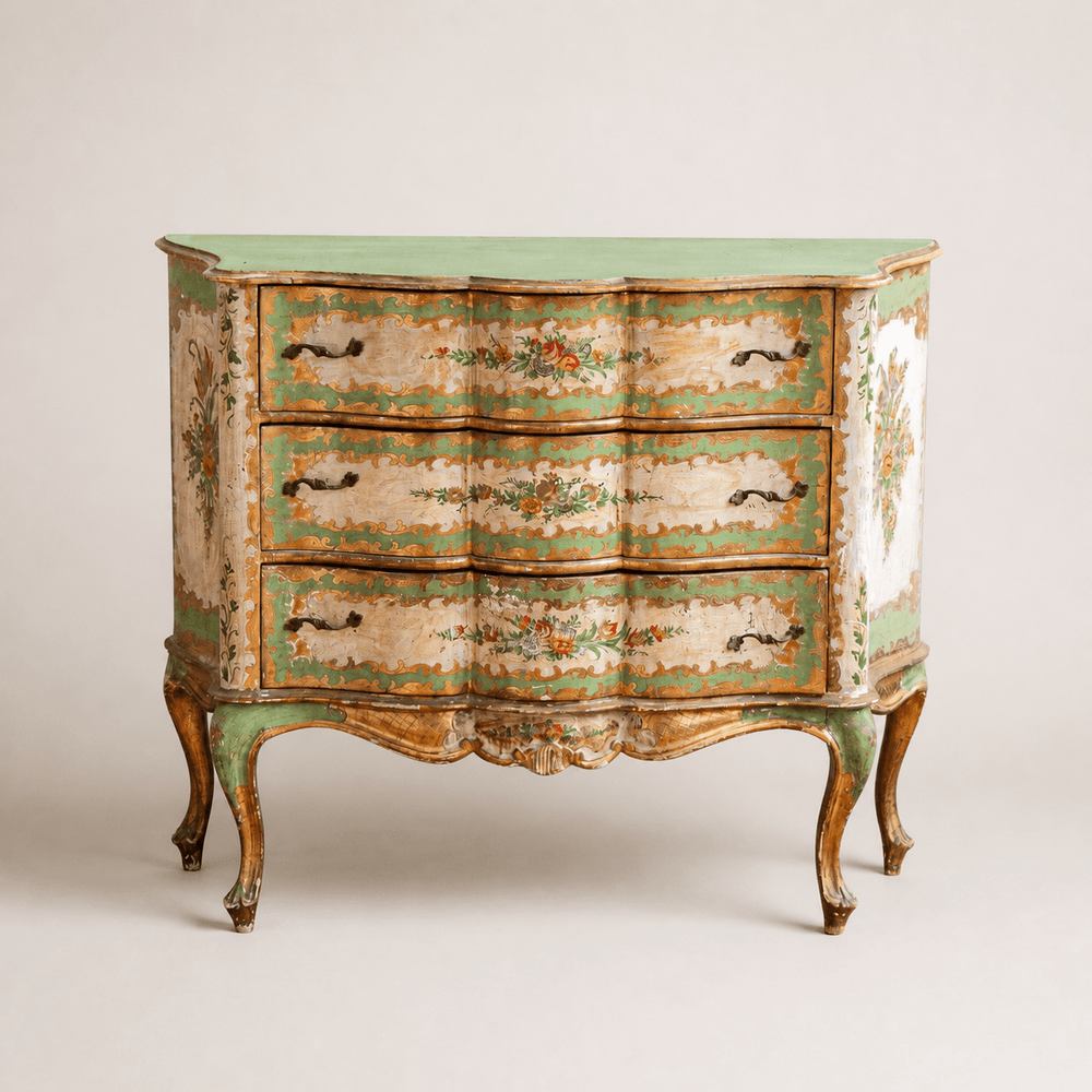Serpentine Commode, 18th century style Italian floral painted and gilt