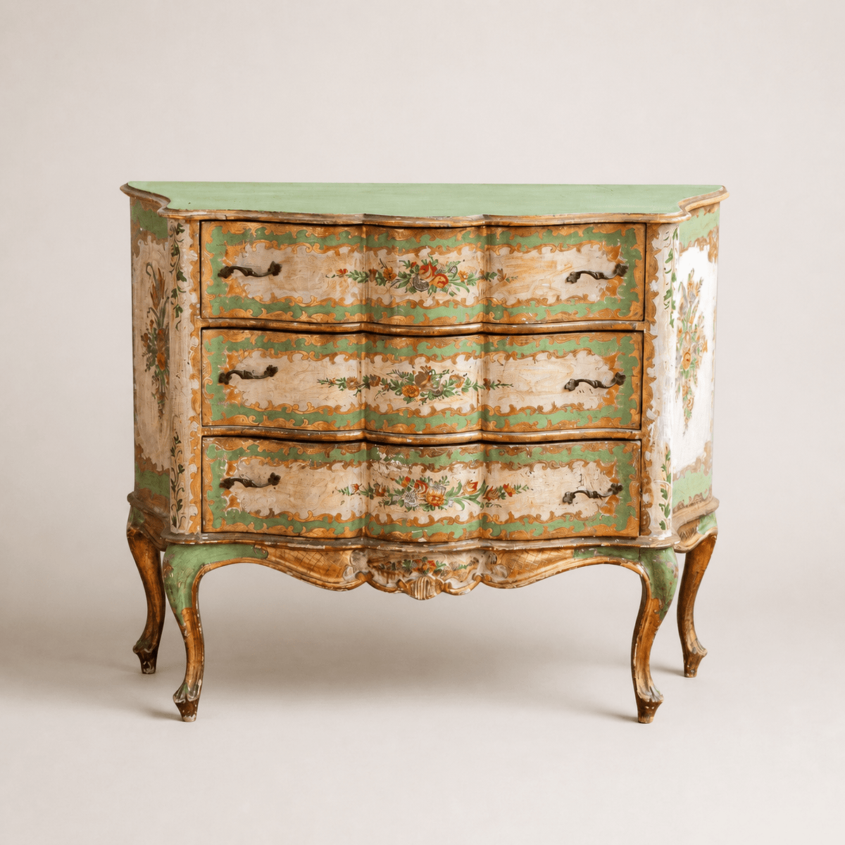 Serpentine Commode, 18th century style Italian floral painted and gilt - La Maison London