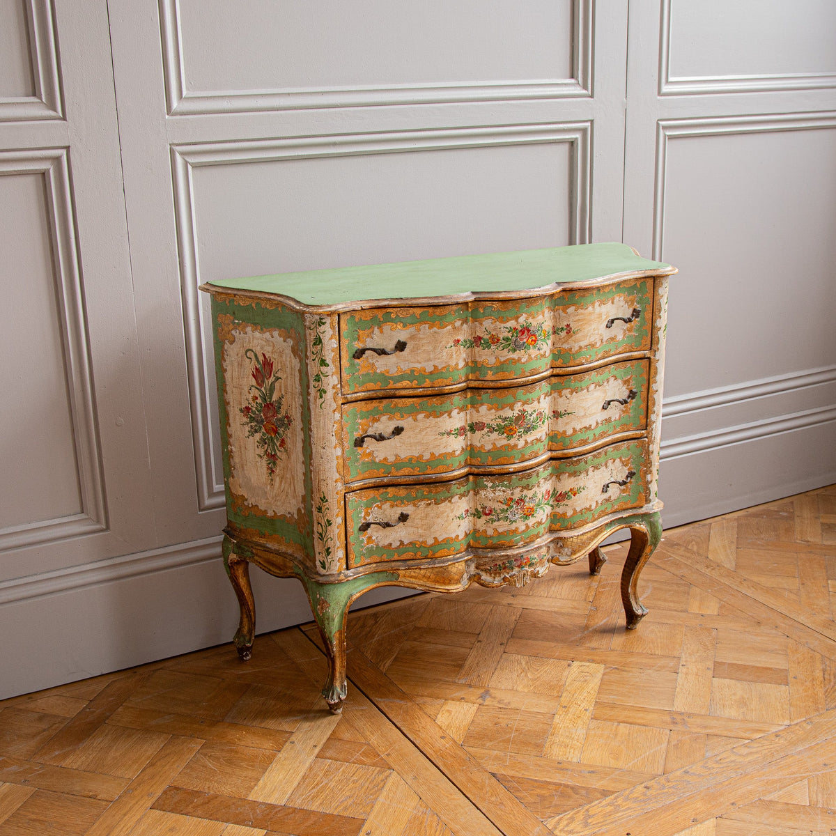 Serpentine Commode, 18th century style Italian floral painted and gilt - La Maison London