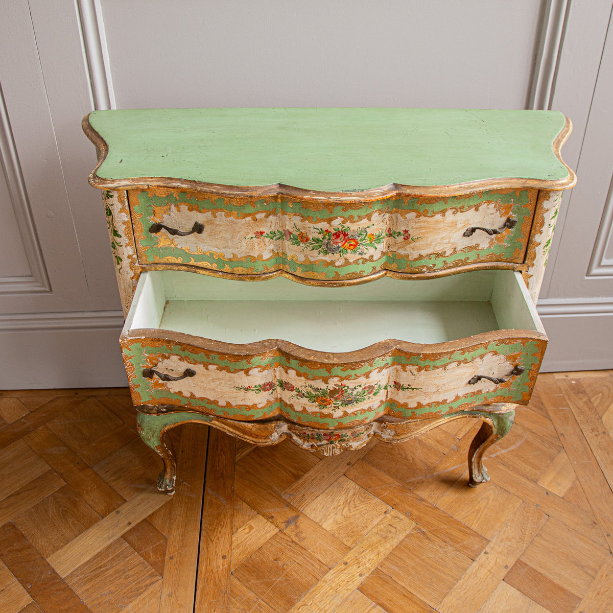 Serpentine Commode, 18th century style Italian floral painted and gilt - La Maison London