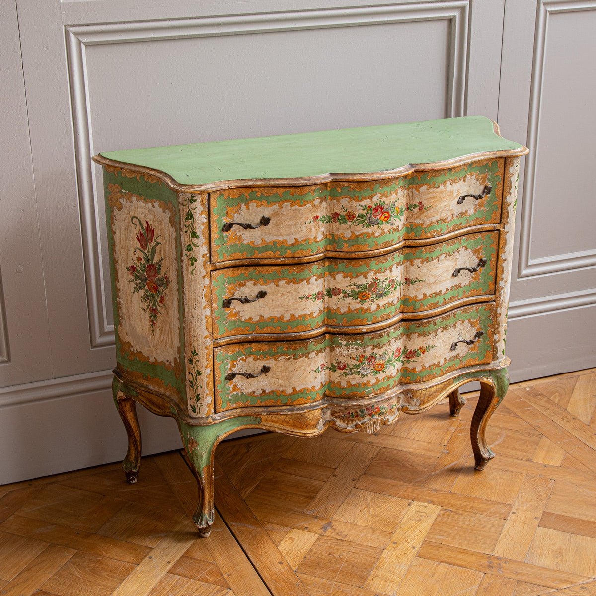 Serpentine Commode, 18th century style Italian floral painted and gilt - La Maison London